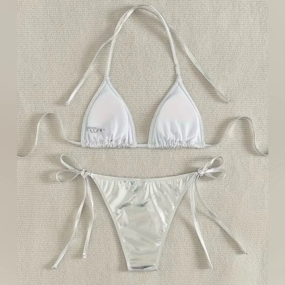 Glamorous Silver Halter Side Tie Bikini Set - Picture 9 of 14